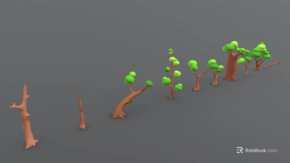 Cartoon Style Trees with Brown Trunks Green Leaves and Left to Right Trunk Leaf Variations 3d model 