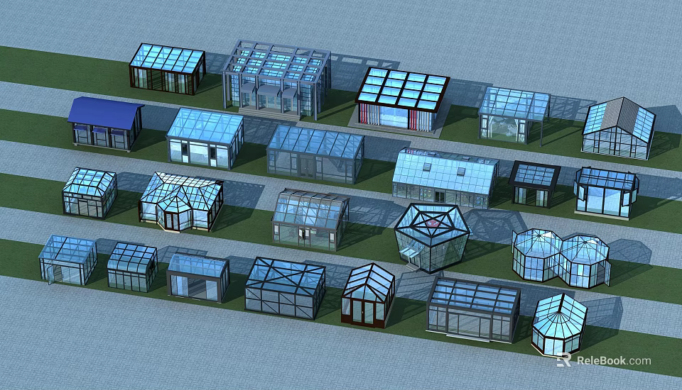 Different Glass Greenhouses Featuring Various Shapes And Structural Designs 3d model 