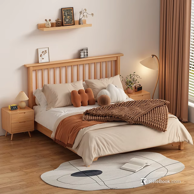 Double Bed With Wooden Headboard Beige Sheets Brown Blanket Plush Toys Nightstands And Table Lamps 3d model 