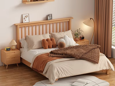 Double Bed With Wooden Headboard Beige Sheets Brown Blanket Plush Toys Nightstands And Table Lamps 3d model