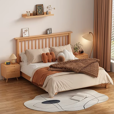 Double Bed With Wooden Headboard Beige Sheets Brown Blanket Plush Toys Nightstands And Table Lamps 3d model