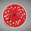 Red Umbrella With White Plum Blossom Patterns And Beige Trim 3d model