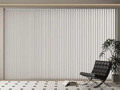 White Venetian Blinds in Modern Room with Black Leather Chair and Potted Plant 3d model