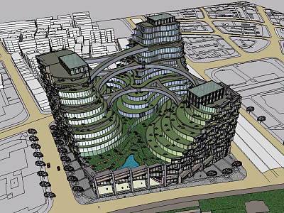 Modern Curved Office Building With Green Roofs Vertical Gardens And Connected Structures 3d model