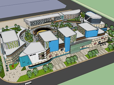 Modern Commercial Complex With Connected Buildings Retail Spaces And Greenery Plaza 3d model