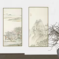 Traditional Chinese Ink Wash Hanging Landscape Painting With Mountains Water Trees And Cottage