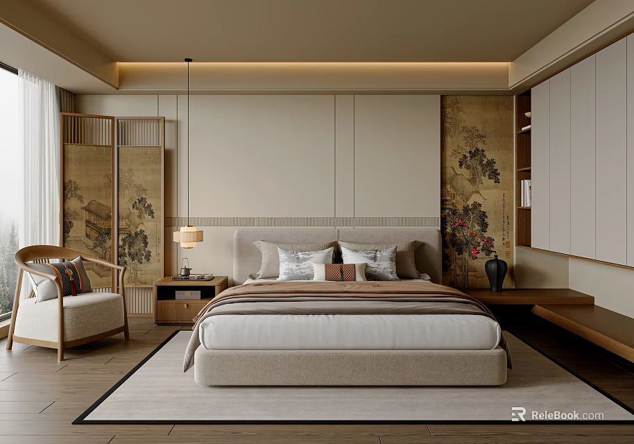 Elegant Modern Bedroom Interior With Neutral Bed Frame Decorative Headboard Oriental Screen Area Rug And Wooden Nightstand 3d model 