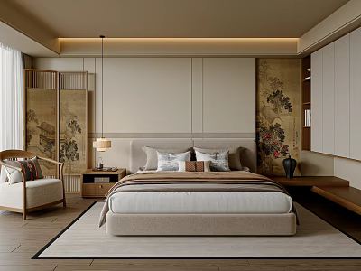 Elegant Modern Bedroom Interior With Neutral Bed Frame Decorative Headboard Oriental Screen Area Rug And Wooden Nightstand 3d model