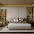 Elegant Modern Bedroom Interior With Neutral Bed Frame Decorative Headboard Oriental Screen Area Rug And Wooden Nightstand