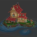 Whimsical Cartoon Scene With Colorful House Red Roof Yellow Walls Blue Water Island And Boat