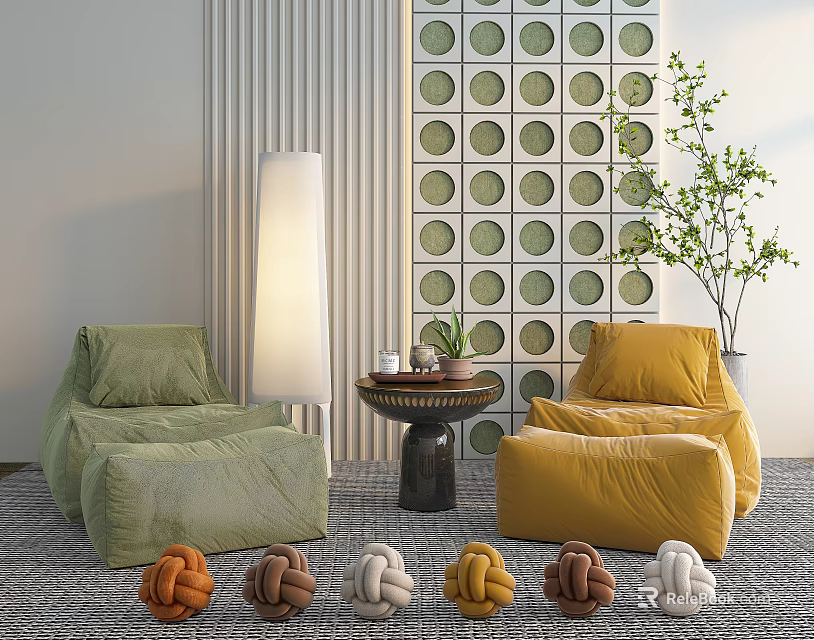 Casual Green Yellow Leisure Sofa Set With Plush Design Floor Lamp And Round Table 3d model 