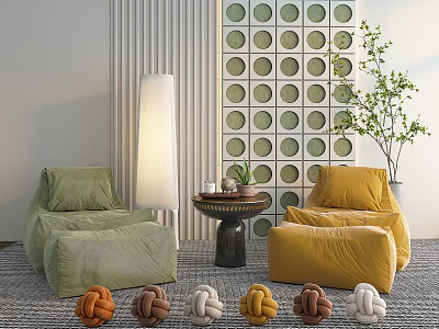 Casual Green Yellow Leisure Sofa Set With Plush Design Floor Lamp And Round Table 3d model