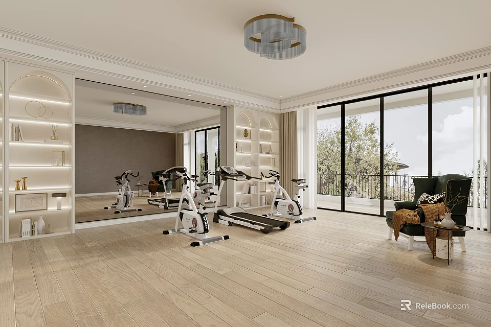 Modern Recreation Room Interior With Fitness Equipment Large Mirror Floor To Ceiling Windows And Chandelier 3d model 