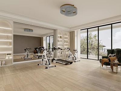 Modern Recreation Room Interior With Fitness Equipment Large Mirror Floor To Ceiling Windows And Chandelier 3d model