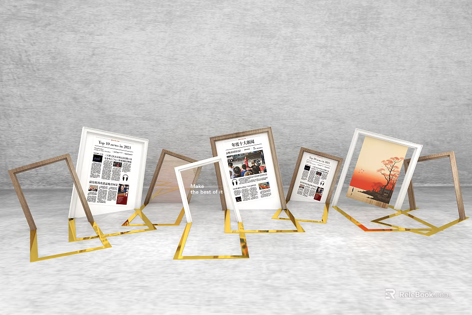 Stylish Photo Check-in Spot With Golden Frames Displaying Newspaper Content And Landscape Art On White Floor 3d model 
