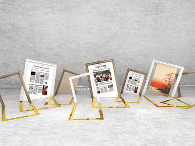 Stylish Photo Check-in Spot With Golden Frames Displaying Newspaper Content And Landscape Art On White Floor 3d model