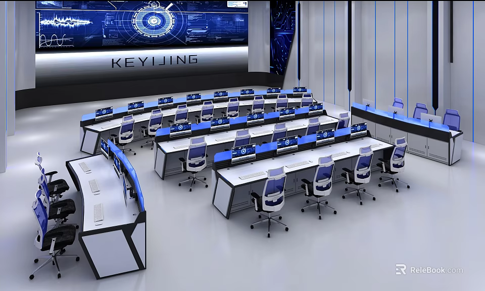 Modern Monitoring Room With Control Desks Chairs And High Tech Screens 3d model 