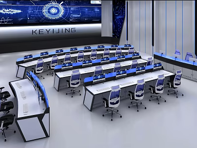 Modern Monitoring Room With Control Desks Chairs And High Tech Screens 3d model