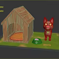 Cute Orange White Dog Standing Near Wooden Dog House With Green Bowl And Bone