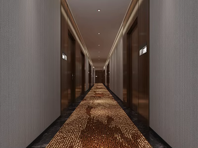 Modern Elevator Hallway Interior With Patterned Carpet Ceiling Lighting And Wooden Doors 3d model