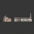 European Architecture Model With Tower Red Tiled Roofs Stone Walls And Green Lawn