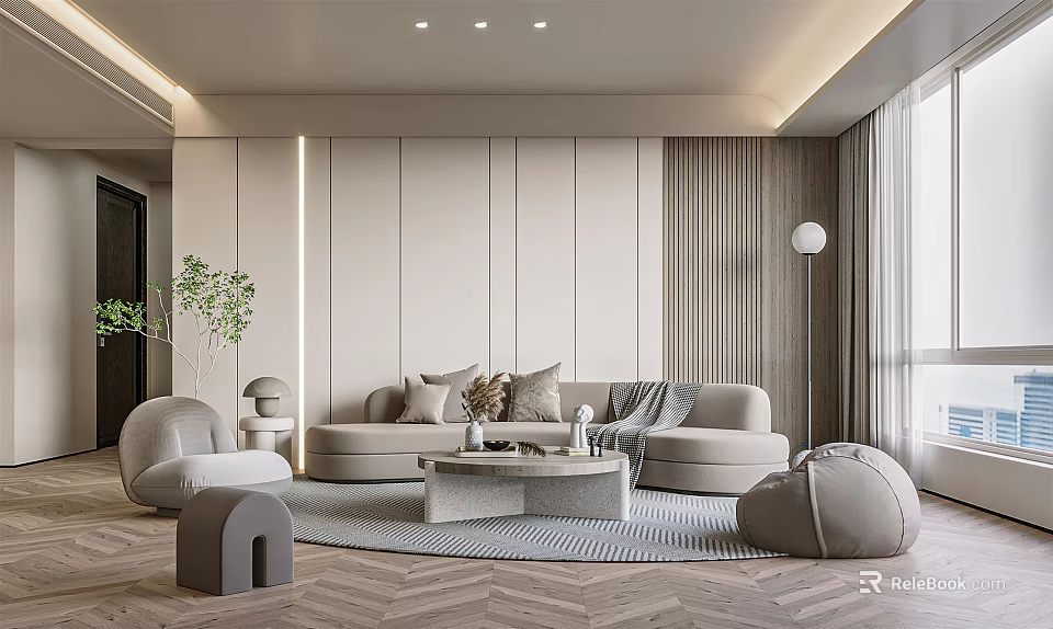 Modern Living Room Interior Design With Sofa Round Armchair Coffee Table Herringbone Floor Wall Design 3d model 