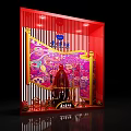 Red Window Display With Vertical Stripes Wine Bottle Shape And Gold Fans Decoration