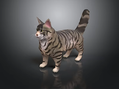 Detailed Striped Cat 3D Model Standing on Black Background with Reflection 3d model