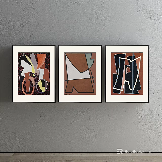 Modern Abstract Paintings with Black Frames on Gray Wall Featuring Geometric Shapes and Multicolor Patterns 3d model