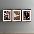 Modern Abstract Paintings with Black Frames on Gray Wall Featuring Geometric Shapes and Multicolor Patterns 3d model