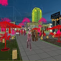 Scenic Night Pedestrian Street With Bright Lighting Shop Signs Pedestrians Trees and Outdoor Seating