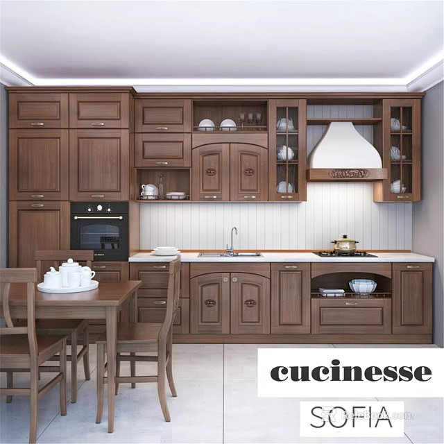 Classic Wooden Kitchen Cabinets With Glass Doors Drawers And Countertop 3d model 