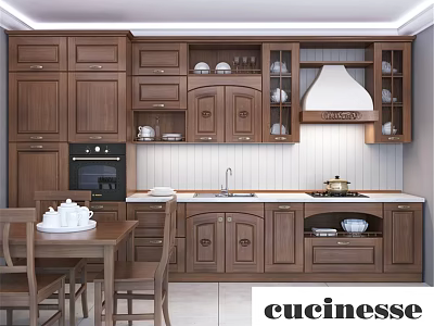 Classic Wooden Kitchen Cabinets With Glass Doors Drawers And Countertop 3d model