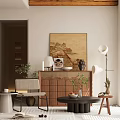 Modern Wooden Dresser with Framed Wall Art Table Lamp Potted Plants and Decorative Items