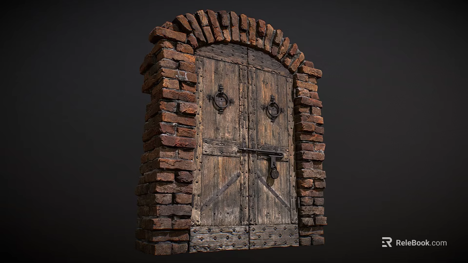 Vintage Entrance Gate With Brick Structure Wooden Door And Metal Decorations 3d model 