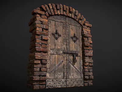 Vintage Entrance Gate With Brick Structure Wooden Door And Metal Decorations 3d model