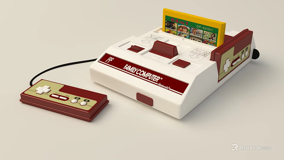 Classic Retro Gaming Entertainment Console With Inserted Game Cartridge And Controller 3d model 
