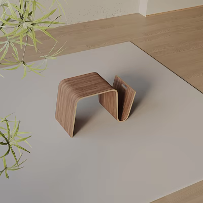 Modern Curved Wooden Side Table with Minimalist Design Green Plants on Rug and Floor 3d model