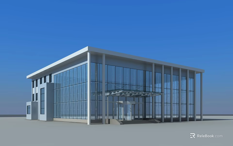 Modern Style Sales Office Building With Glass Curtain Wall And White Frame Design 3d model 