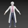Man With White Hair Wearing White Coat Pink Shirt Tie Dark Pants And Brown Shoes