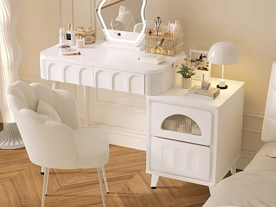Elegant White Dressing Table With Mirror Chair Table Lamp And Potted Plant 3d model