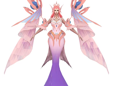 Elegant Game Movie Character With Pink Purple Gown Feathery Wings Crown And Gemstone Details 3d model