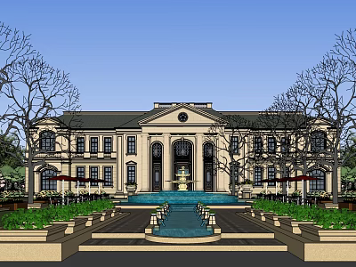 Grand Classical Mansion With Symmetrical Architecture Front Fountain And Landscaped Gardens 3d model