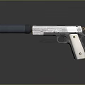 Metallic Tactical Pistol Featuring Silencer Laser Sight And Glossy Surface Reflection