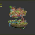 Lush Green Tree on Floating Island with Yellow Grass Stones and Blue Waterfall