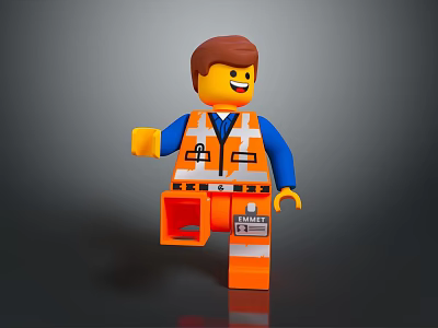 Smiling Lego Figure In Orange Vest And Blue Sleeves As Daily Household Accessory 3d model Smiling Lego Figure In Orange Vest And Blue Sleeves As Daily Household Accessory 3d model