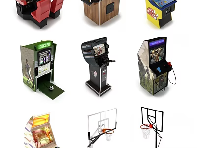 Colorful Amusement Equipment Including Arcade Machines Basketball Shooting Games And Hoops For Indoor Game Rooms 3d model