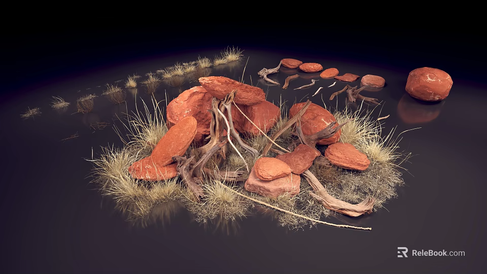 Artistic Display of Red Stones Dry Grass and Twigs in Natural Setting 3d model 
