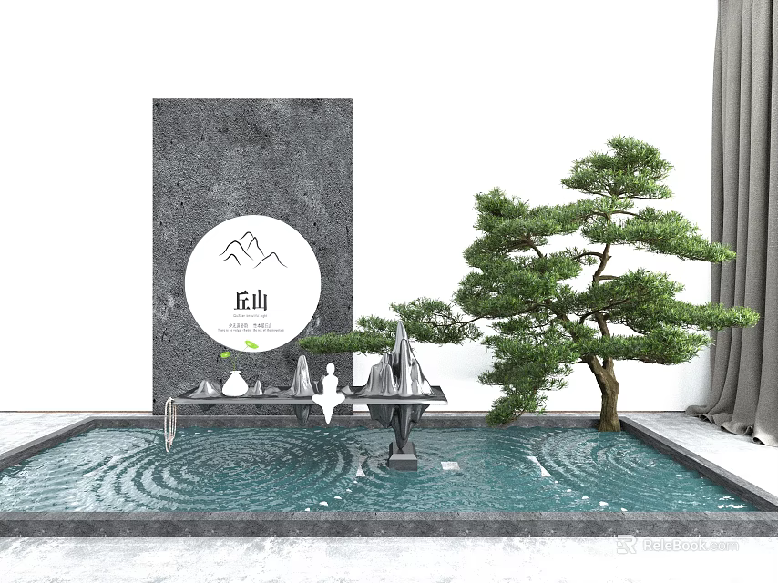 Courtyard Garden With Rippling Water Feature Pine Tree And Stone Wall Elements 3d model