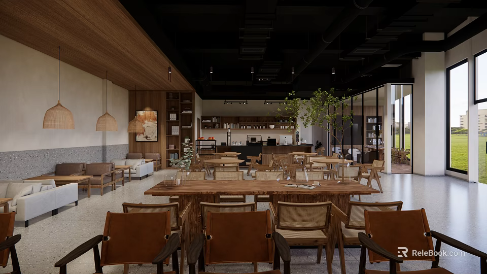 Modern Wooden Cafe Interior With Open Space Green Plants And Large Windows 3d model 
